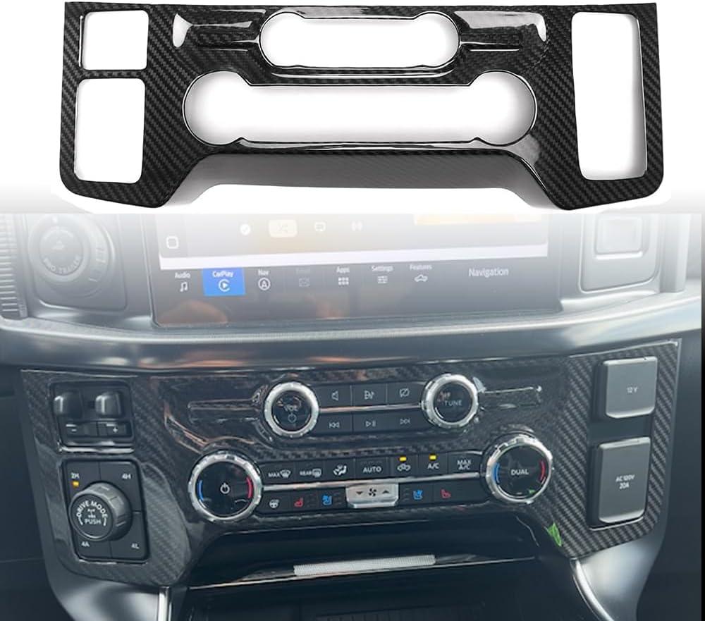 Jogon Dry Carbon Fiber Air Conditioning Control Panel Cover Trim for Ford F150 Raptor Limited Tremor Platinum Lariat XLT PowerBoost Hybrid 2021 2022 2023, Center Console Audio Volume Frame (Glossy Carbon)