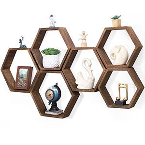 NOVIMANGO Hexagon Floating Shelves Set of 3 Honeycomb Shelves for Wall Wood Farmhouse Storage Home Decor Shelf Wall Mounted Wooden Hexagonal Shelves for Bedroom Living Room Nursery, Rustic Brown