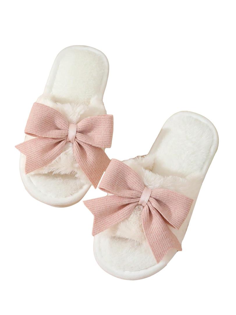 Verdusa Women's Cute Bow Fuzzy Open Toe Indoor Home Slippers Furry Outdoor Slippers White Pink 6.5