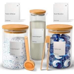 IVIZA Glass Laundry Detergent Dispenser & Storage Set  Liquid Detergent Pump, Fabric Softener Dispenser, Laundry Powder Jar & Dryer Sheet Holder  Complete Laundry Organization Set
