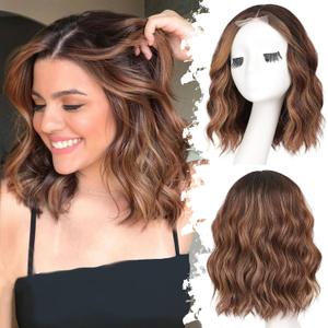 Brown Highlight Short Wavy Wig for Women Lace Hairline Bob Style Synthetic Heat Resistant - Natural Appearance for Everyday Hairstyle 14 Inch