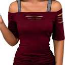SHENHE Women's Rhinestone Strap Off Shoulder T Shirts Sexy Cut Out Short Sleeve Ruched Fitted Tees M