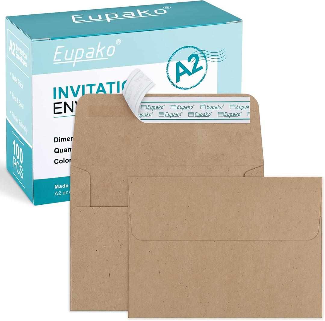 Eupako A2 Brown Paper Envelopes 100 Pack 4.375x5.75" Invitation Envelopes Self Seal for RSVP, Wedding, Thank you Notes, Greeting Cards, Photos, Announcements