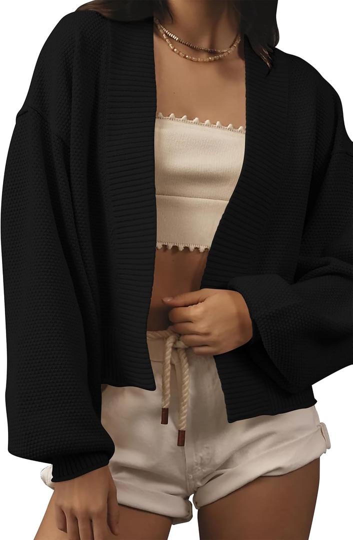 Women's Open Front Cropped Cardigan Lightweight Fall Long Sleeve Waffle Knit Cardigans (Black, S)