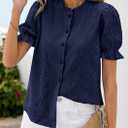 PRETTYGARDEN Womens Puff Short Sleeve Tops 2026 Summer Spring Button Down Boho Embroidered Cute Blouse Dressy Casual Shirts (Blue, L)
