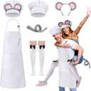 Ramede 6 Pcs Halloween Mouse Couple Chef Costume Accessories for Adult Include Mouse Headband Tail Bow Socks Adjustable Chef Hat Apron for Women Men Halloween Cosplay Party Dress Up