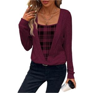GORGLITTER Women's Plaid Checkered Printed Lightweight Sweater Tops Trendy Fall Casual V Neck Long Sleeve Knitted Tops (Large)