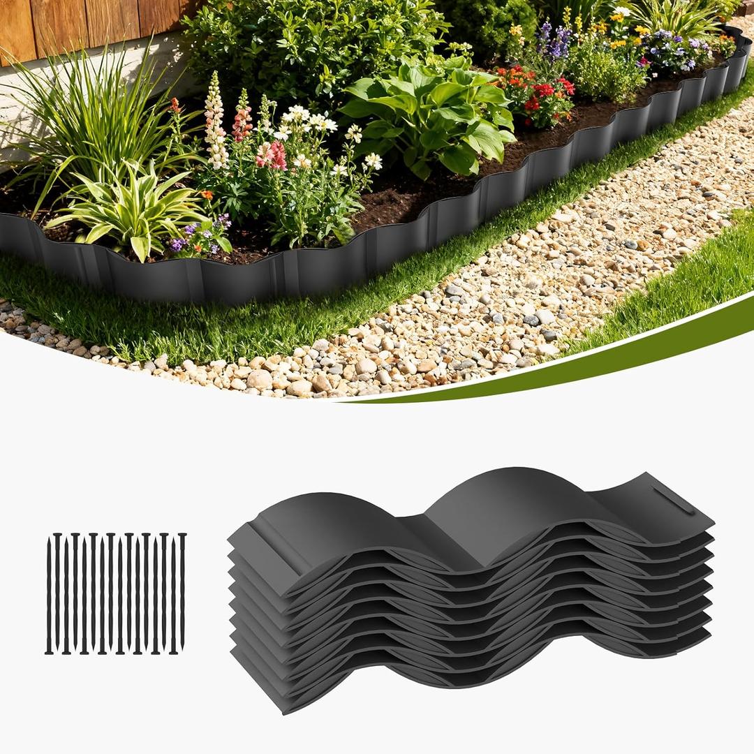 Mars Villa Wavy Landscape Edging, 6IN Tall 10FT Garden Edging Border with 16 Anchoring Stakes, No Dig Decorative Plastic Interlocking Tile Edging for Lawn, Flower Bed, Sidewalk, Yard (Black, 8PCS)