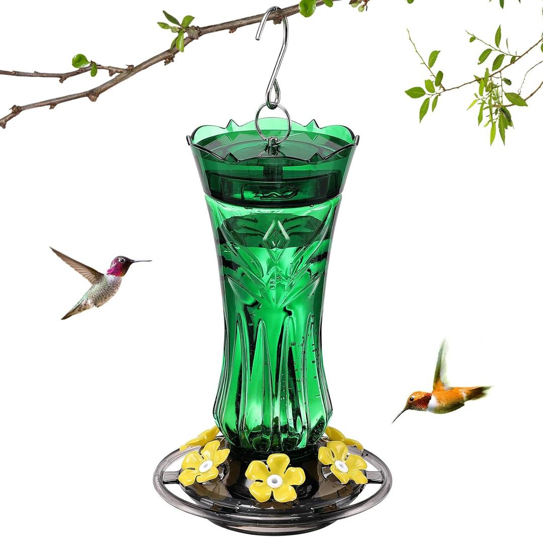 Jealoeur Hummingbird Feeder for Outdoors Hanging, 18 OZ Humming Birds Feeders with 6 Bee Guard Feeding Ports & Built-in Ant Moat, Easy to Clean, Durable Outdoor Garden Decor (Green 1 Pack)