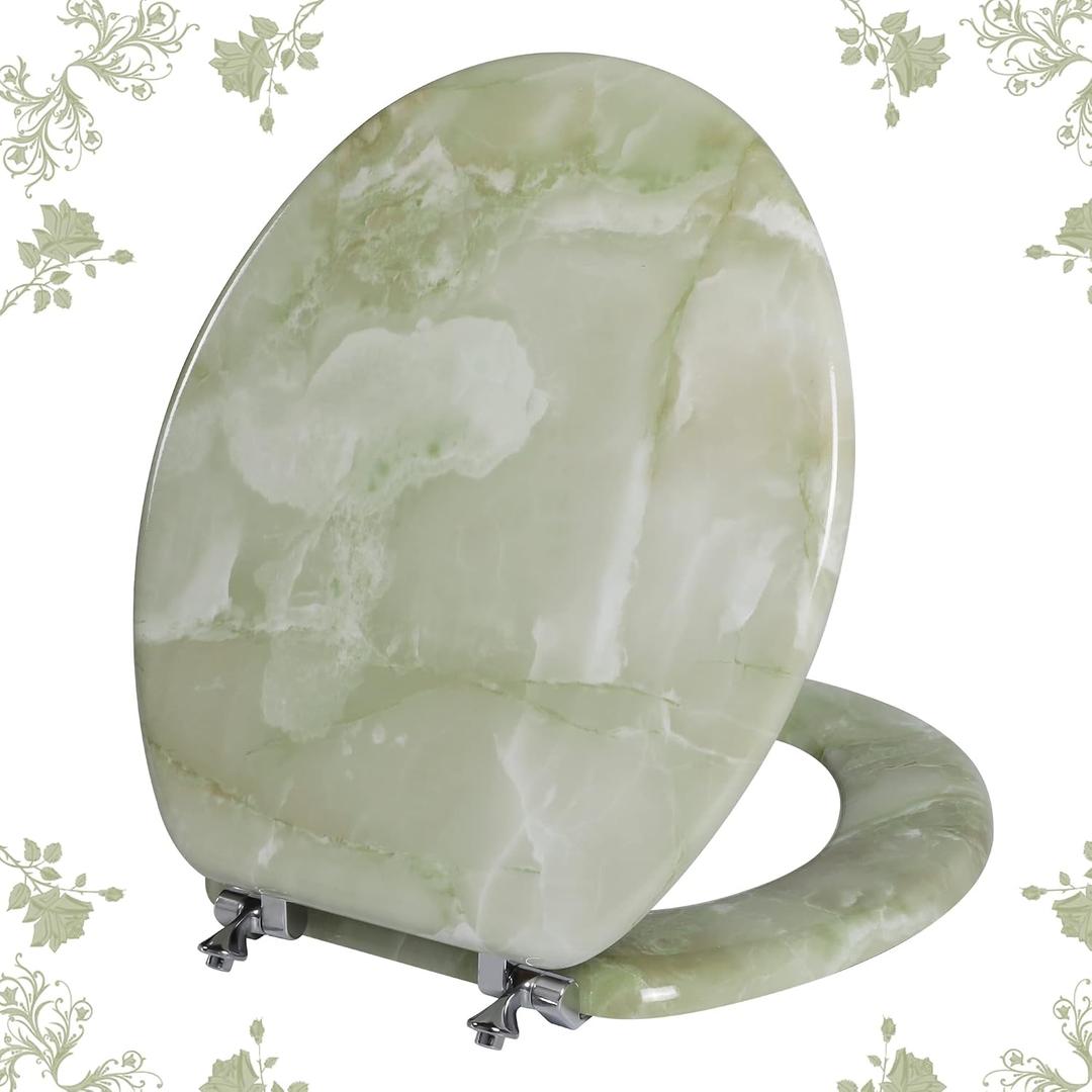 Round Toilet Seat Natural Wood Toilet Seat with Zinc Alloy Hinges, Easy to Install also Easy to Clean, Anti-pinch Marble Toilet Seat by Angol Shiold (Round, Green Marble)