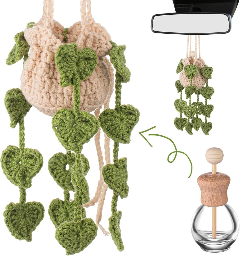 DaisyInner Cute Crochet Plant Car Freshener 12ml Empty Refillable Diffuser Bottle with Plants Hanging Accessories for Rearview Mirror Home Office Decor Women Mother's Day Gifts(Leave)