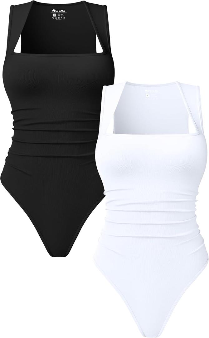 OQQ Women’s Square Neck Sleeveless Bodysuit Shapewear Tank Top Stretchy Slim Fit Bodycon Top for Going Out 2 Pack,XL