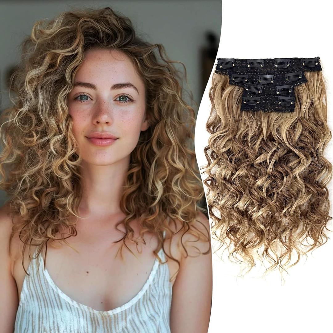 Aisaide Clip in Hair Extensions, 4PCS 12 inch Curly Hair Extensions Short Soft Natural Hairpiece Lace Weft Curly Wave Clip Ins Extensions Invisible for Women,Ash Brown with Blonde Highlights