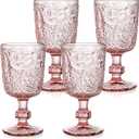 Tebery 4 Pack Pink Glass Wine Goblet Vintage, 10oz Colored Beverage Stemmed Glass Cups, Embossed Design Glassware Set for Water, Juice, Wine,Beer and Cocktails