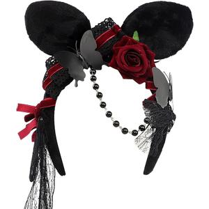 Bunny Ears Headband for Women, Plush Floral Lace Bunny Ears Hairband, Gothic Animal Ears Cosplay Costume Headband