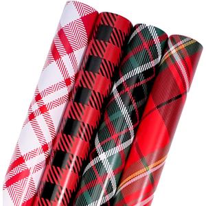BIOBROWN Christmas Wrapping Paper Rolls - Red/Green/Black/White Tartan Plaid Design for Party, Holiday - 30" X 10' Per Roll (4 Rolls: 100 sq. ft. ttl.)