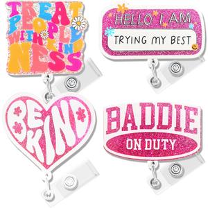 4 Pieces Cute Badge Reel Retractable Badge Holders with ID Clip Funny Pink Nurse Badge Reels MA CNA RN LPN Healthcare Badge Reel Nursing Accessories for Work