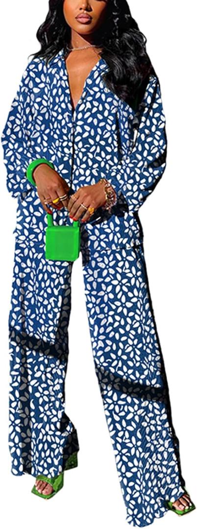 kaimimei Casual 2 Piece Outfit for Women - Linen Long Sleeve Button Down Shirt + Flare Pleated Wide Leg Pants Sets Streetwear (Large, Blue Floral)