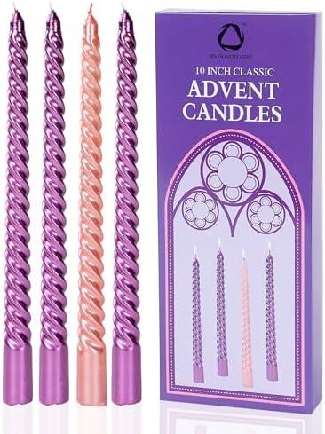 SEVEN LUCKY LIGHT 10 inches Advent Candles Set of 4,Ture Dripless Advent Wreath Candles,Velas de Adviento Nativity Scene Candlesticks, Elegant Non Toxic Candle Sticks