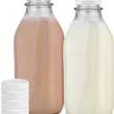 Stock Your Home Liter Glass Milk Bottles (2 Pack) - 32-Oz Milk Jars with Lids - Food Grade Glass Bottles - Dishwasher Safe - Bottles for Milk, Buttermilk, Honey, Maple Syrup, Jam, BBQ Sauce