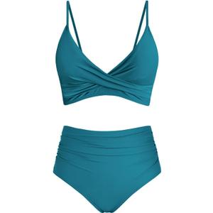 Amy Babe Women's High Waisted Bikini Sets Push Up Twist Front Spaghetti Straps Ruched Two Piece Swimsuit Bathing Suit, M
