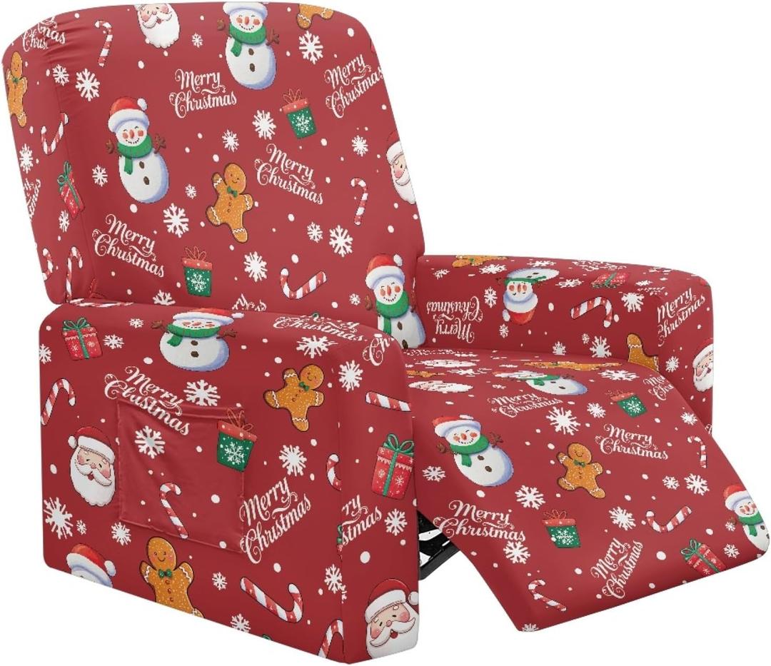 Christmas Recliner Chair Covers, Snowman Print Removable 4 Pieces Stretch Recliner Covers with Pockets Soft Comfortable Recliners Slipcovers for Kids, Pet, Living Room