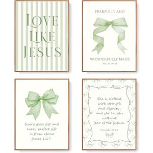 LARTSFRO Coquette Sage Green Bow Jesus Wall Art Decor Posters, Green Bow Room Bedroom Bathroom Wall Art Decor Aesthetic for Teen Girls Gifts, Inspirational Bible Verses Bow Wall Decor, 12x16 Inch Set of 4 Bow Pictures(UNFRAMED)