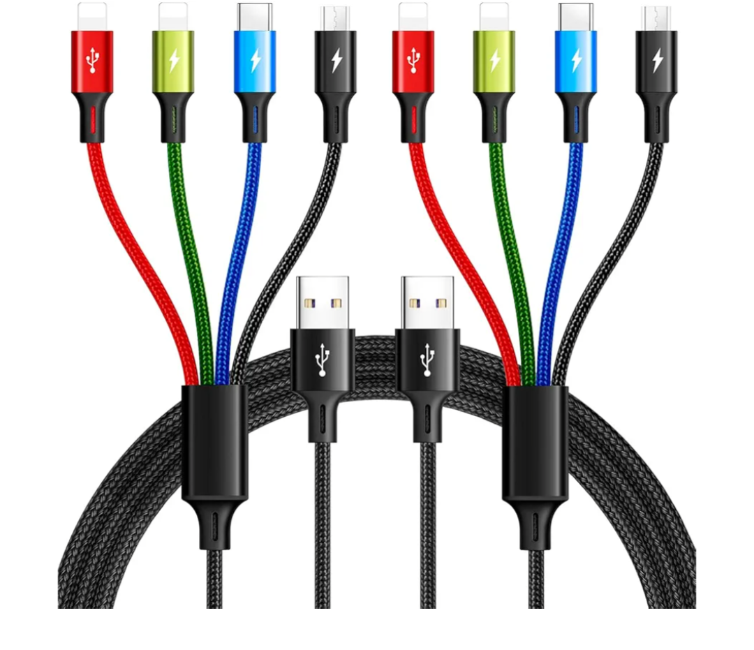 Multi Charging Cable 3.5A Multiple Charger Cable Braided 4 in 1 Multi USB Cable Fast Charging Cord with IP/Type C/Micro Ports for Cell Phones/iPhone Series/Tablets/Samsung Galaxy & More (2Pack 4Ft)