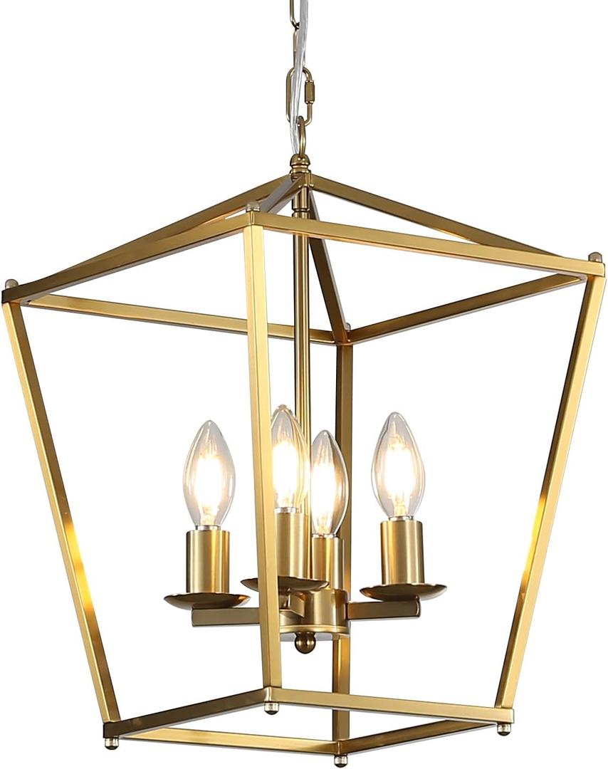 Gold Pendant Light for Dining Room Lantern Chandelier Light Fixture 4 Lights for Kitchen Island Adjustable Brass Geometric Hanging Light for Foyer Entryway