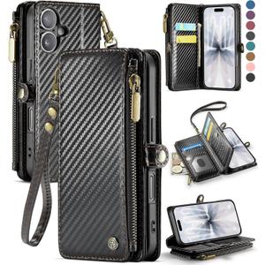Defencase for iPhone 17 Case Wallet with RFID Blocking Card Holder for Women and Men, Fashion PU Leather Magnetic Snap Flip Zipper Strap Wallet Phone Case for iPhone 17 6.3", Carbon Fiber Black