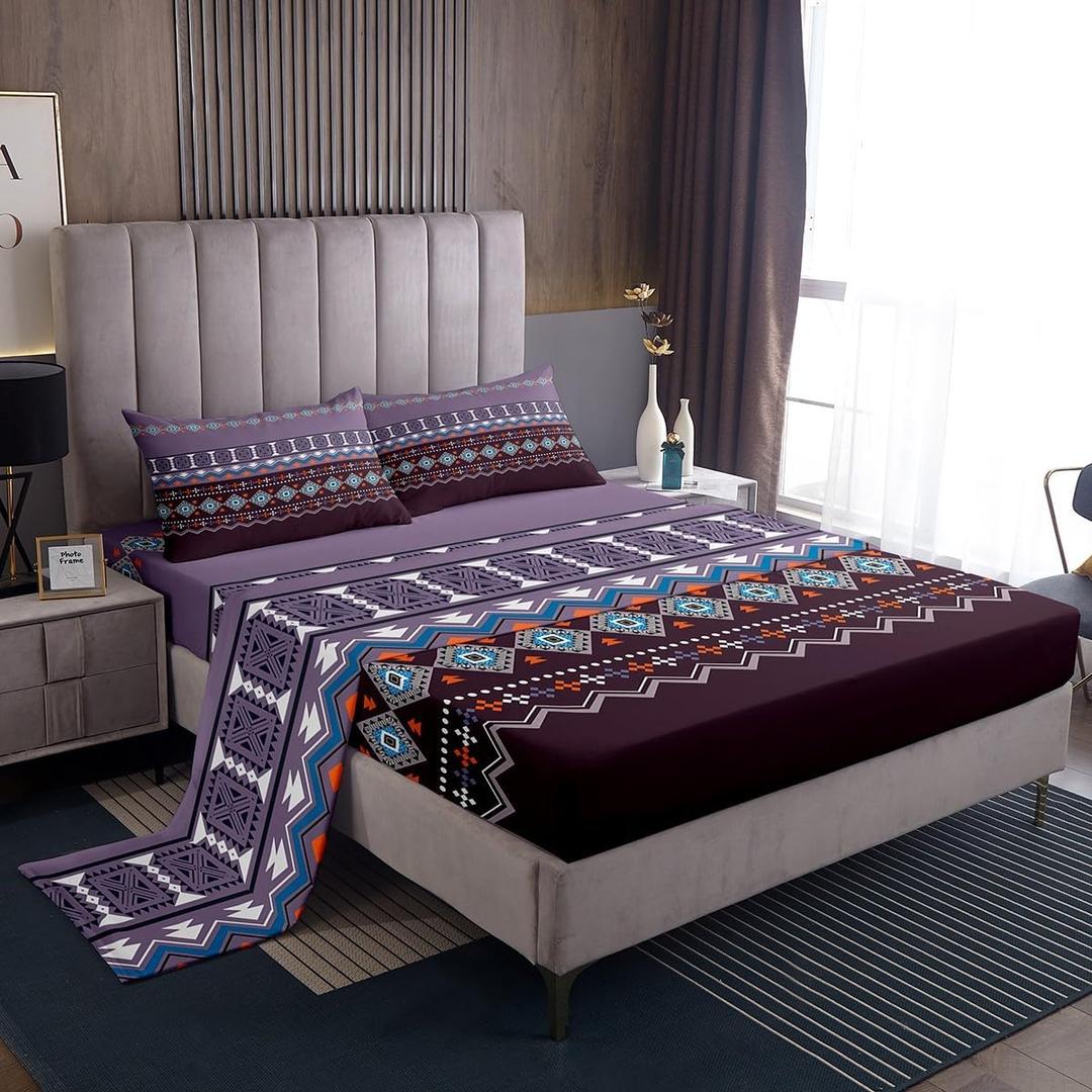 Feelyou Purple Boho Sheets Twin Size with 1 Pillow Case Geometric Bed Sheet Set Geometry Bedding Set Morden Bohemian Bed Sheets for Boys Girls Kids Adults (Multi 04)