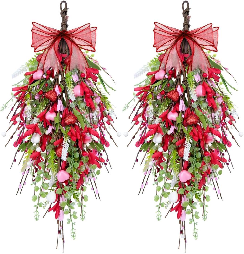 2 Pack 20'' Valentines Day Swag Wreaths for Front Door Valentines Teardrop Wreath Artificial Red Pink Heart Shaped Berries Hanger with Ribbon Gift Farmhouse Hanging Decor for Outdoor Window Wall (2)