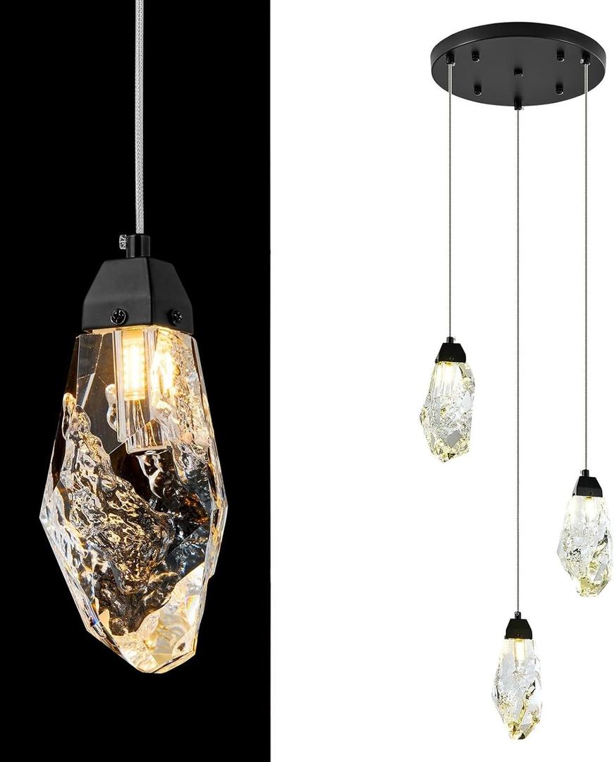 3 Lights Crystal Pendant Light Modern Cluster Chandelier Dimmable Pendant Light Fixture with Black Teardrop Design Stylish Lighting for Kitchen Island, Dining Room, Hallway, Bathroom