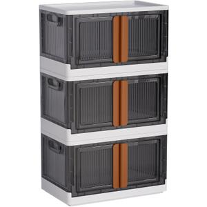 LCG 3-Tier Foldable Plastic Storage Bins with Lids and Doors, 57 Gallon (19 Gal x 3pack), Stackable Organizer Drawer (Large)