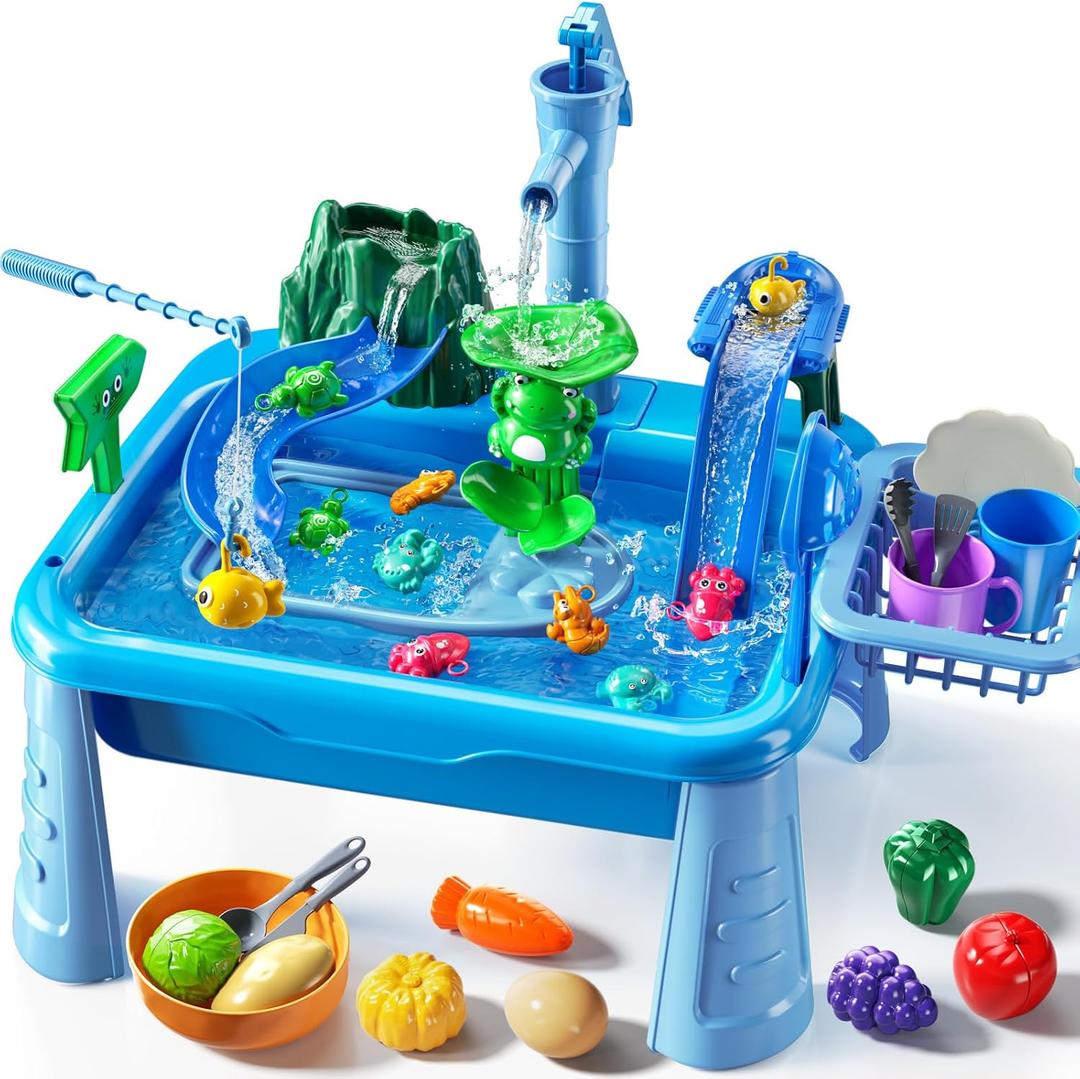 JUKUDAHU Water Table Play Sink Toy for Kids 2 3 4 5 6 Years Old - Outdoor Kitchen with Running Water, Fishing Games, Toddler Water Play Table for Kids Ages 3-8, Beach Outdoor Toys, Summer Gifts