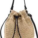 Straw Bucket Bag Summer Woven Crossbody Bags for Women Hobo Drawstring Purse Vacation Handbags Straw Beach Bag (Beige)