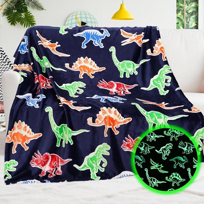 BORORO Dinosaur Twin Blanket for Boys Girls  Soft Dino Glow in The Dark Blankets  Kids Dinosaur Toys Gifts for Boy Girl 60x80 Inch