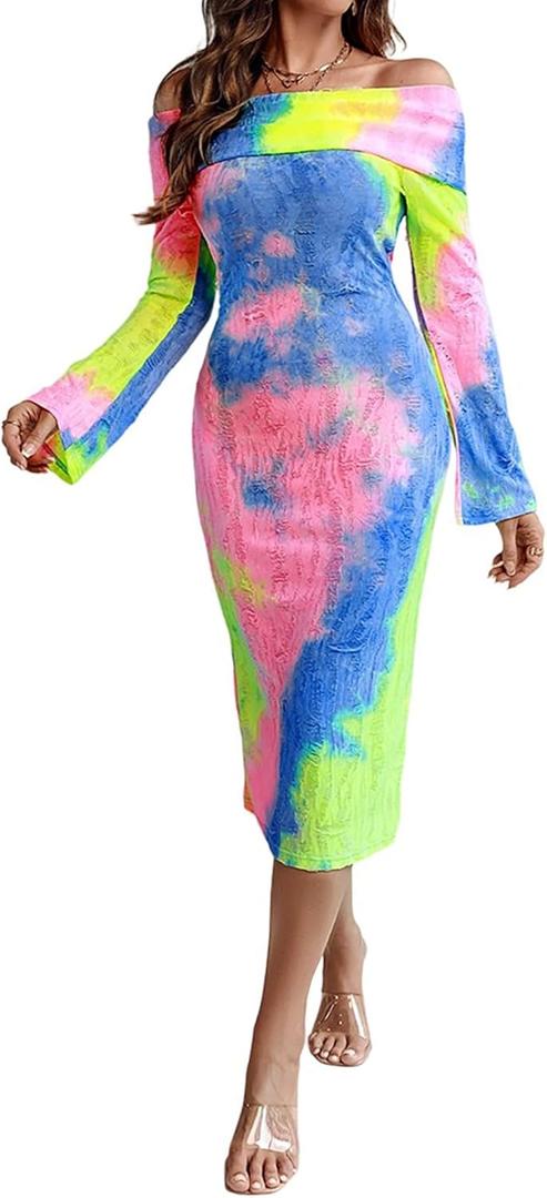 CHICME Womens Sexy Off Shoulder Bodycon Sweater Dress Long Sleeve Hollow Out Slim Fit Party Midi Dress (Medium, Yellow)