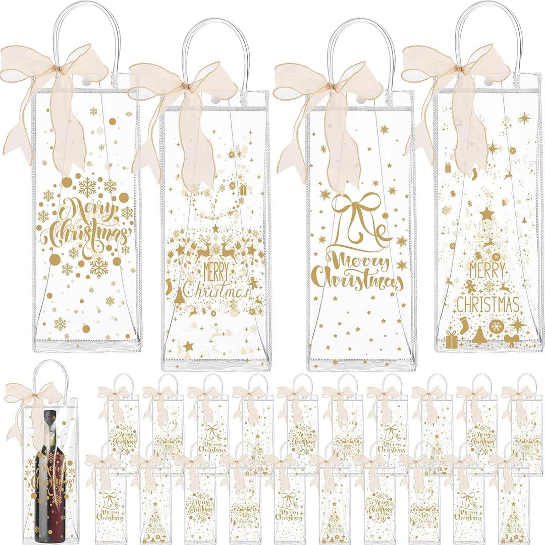 Henoyso 24 Pcs Christmas Wine Gift Bags Bulk Holiday Foil Wine Bottle Covers, Christmas Clear Gift Bags with Handles and Bow Ribbon for Xmas Wedding Engagements Party, 13 x 5 x 4 Inches (Gold)