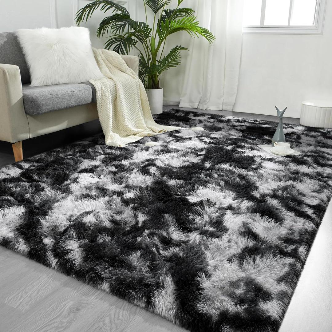 FlyDOIT Large Area Rugs for Living Room, 5x8 Feet Tie-Dyed Black and White Shaggy Rug Fluffy Throw Carpets, Ultra Soft Plush Modern Indoor Fuzzy Rug for Bedroom Girls Kids Nursery Room Dorm Home Decor