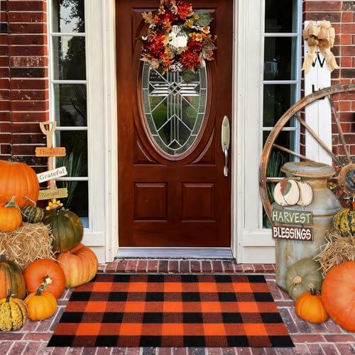PIXFAIRY Cotton Orange and Black Plaid Rug - 27.5 x 43 Inches, Hand-Woven Indoor/Outdoor Layered Cotton Blend Buffalo Plaid Rug, Washable Front Door Mat, Perfect for Porch, Living Room, Entryway