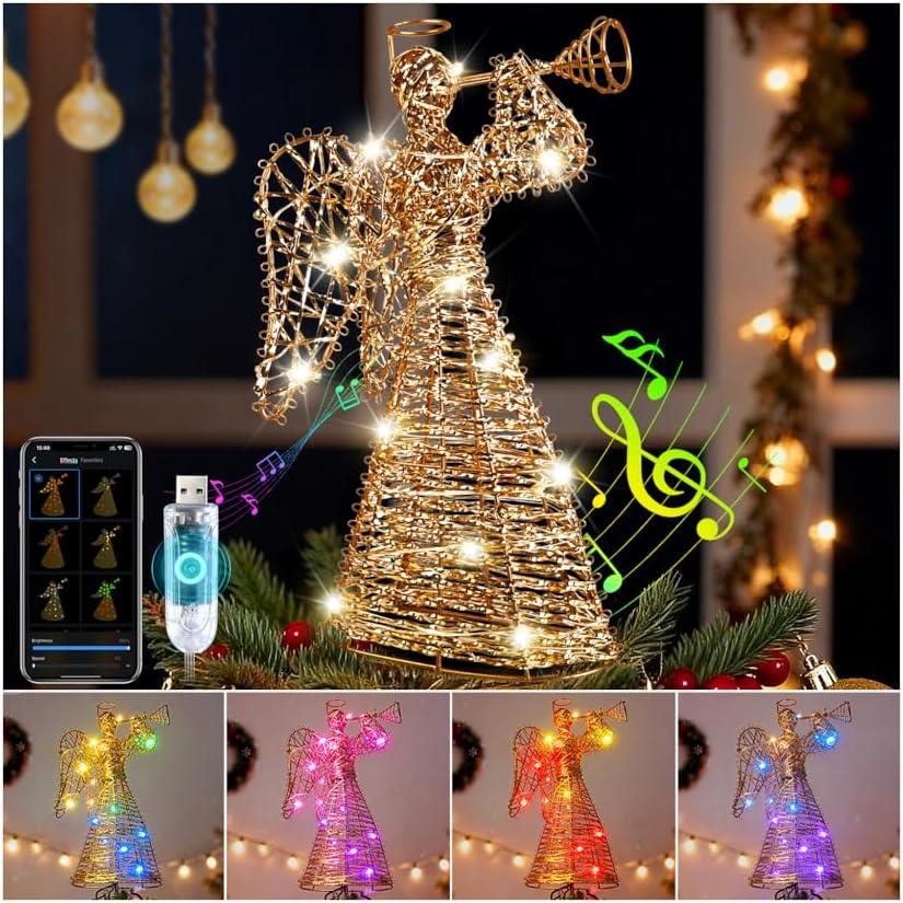 Christmas Tree Topper Gold Glitter with Trumpet, 3D Angel Lighted Tree Topper with MultiColor LED Lights, Smart APP Control and Music Sync Lighted Xmas Tree Topper for Desktop Holiday Decor