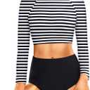 Pinup Fashion Long Sleeve Rash Guard - 2 Piece Swimsuit Bathing Suits with Bottom Swim Top UV UPF 50+ (XX-Large, Stripe)