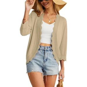 GRECERELLE Women's 3/4 Sleeve Summer Cardigan Lightweight Casual Open-Front Cropped Shrug Sweaters for Women (Brown, L)