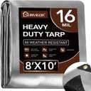 Tarp 8x10FT, Extra Thick 16Mil Heavy Duty Waterproof Tarps with Brass Grommets and Reinforced Edges, Tear & Fade Resistant, 100% UV Blocking Outdoor Tarp for Roof Camping Patio Pool Boat (Silver) (Sliver/Black 16mil)