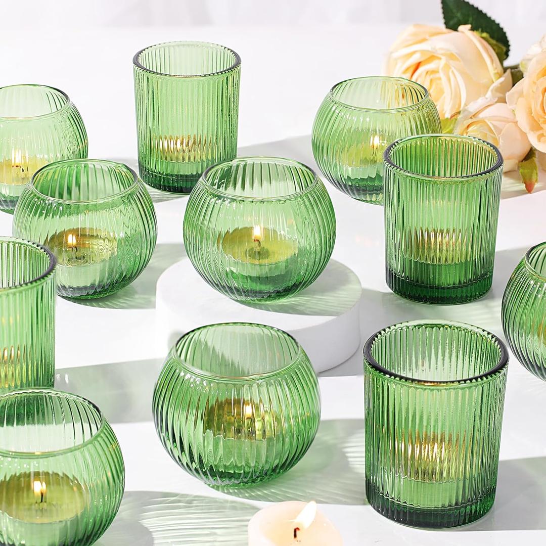 30 Pcs Assorted Ribbed Green Votive Candle Holders, Tea Light Candle Holders Glass for Table Centerpiece, Green Candle Holders for Wedding, Bridal Shower and Tea Party Decorations