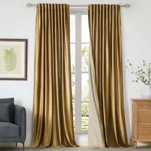 100% Full Blackout Golden Velvet Curtains 120 inch Long for Living Room,Set of 2 Panels Liner Rod Pocket Back Tab Thermal Window Curtains Room Darkening Heavy Decorative Curtains Drapes for Bedroom