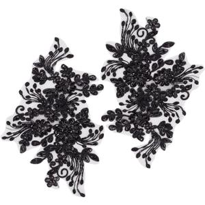 GORGECRAFT 2Pcs Pearl Flower Embroidery Lace Patches 3D Floral Black Floral Embroidered Sew on Appliques Lace Fabric Trimmings for Headpiece Clothing Bridal Accessories Supply Craft DIY