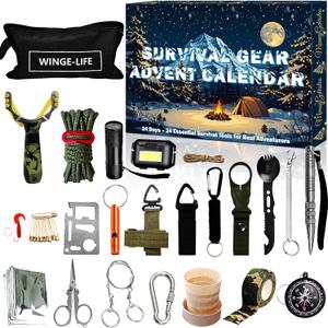 Survival Kit Advent Calendar for Men - Essential Outdoor Tools for Adult Teen 24 Days Christmas Countdown - 24 Outdoor Gadgets Camping, Hiking, Emergency Prep 2025 Holiday Countdown Gift