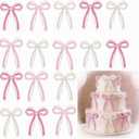 24 Pcs Pearl Bow Cake Topper Bow Dots Cake Decorations Coquette Party Decor Bouquets Decor for Weddings, Birthday, Valentines Day and Party Supplies (Beige, Lotus Pink, Cattleya Pink)